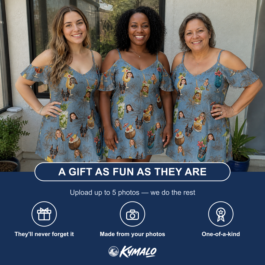 Friends in matching Women's Agave Affair Custom Face Off-Shoulder Dress — a group gift photo