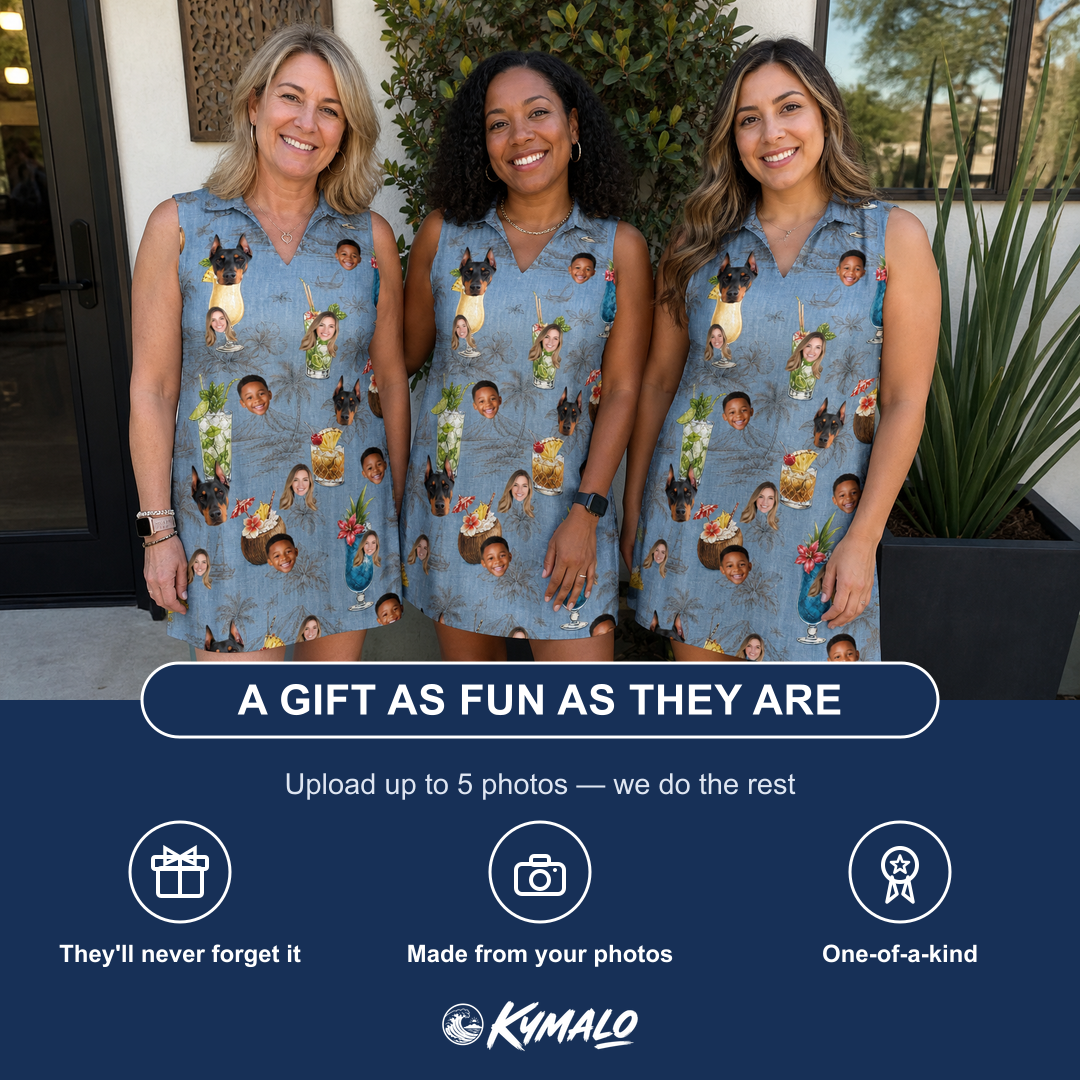 Friends in matching Women's Agave Affair Custom Face V-Neck Dress — a group gift photo