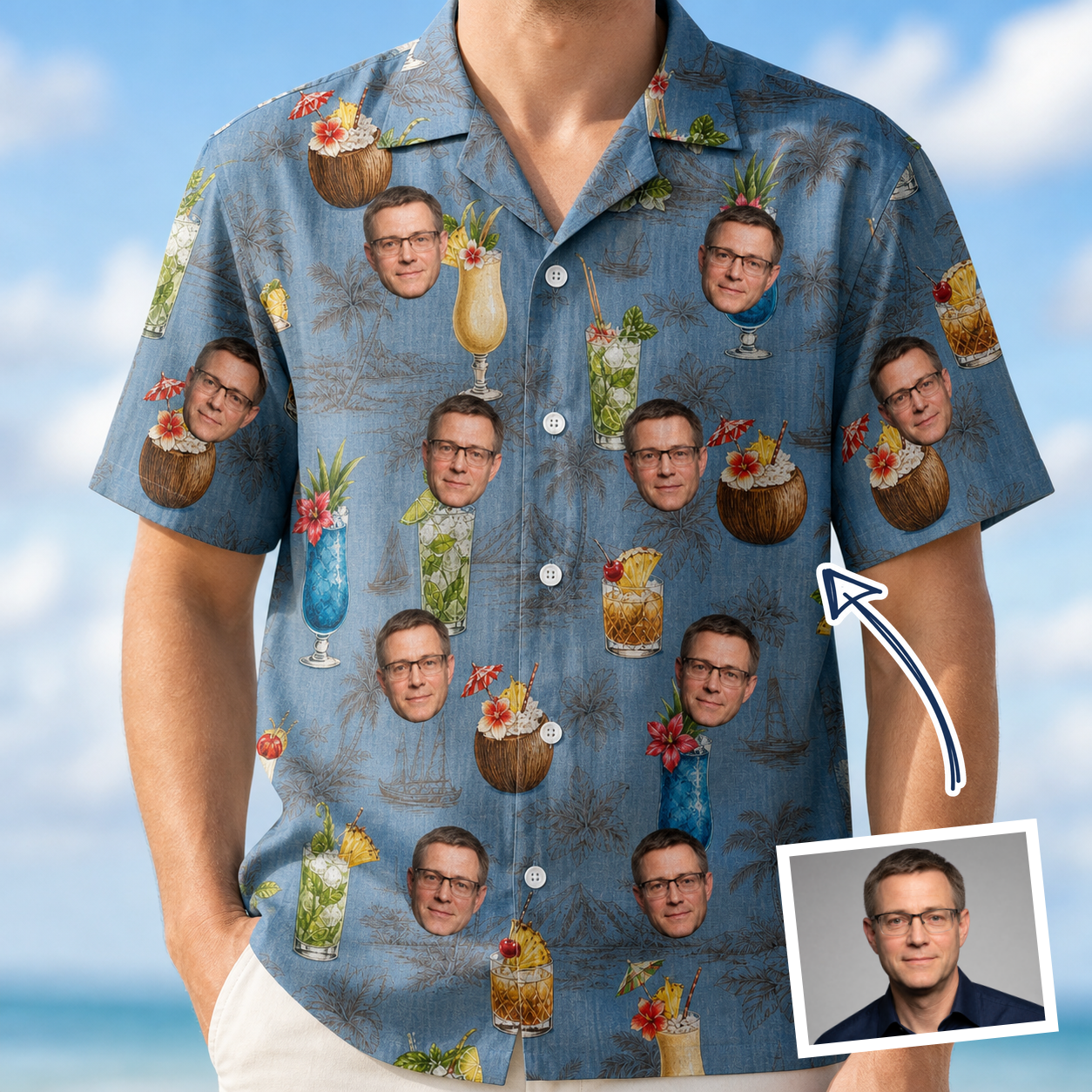Man wearing Men's Agave Affair Custom Face Hawaiian Shirt — custom faces printed all-over