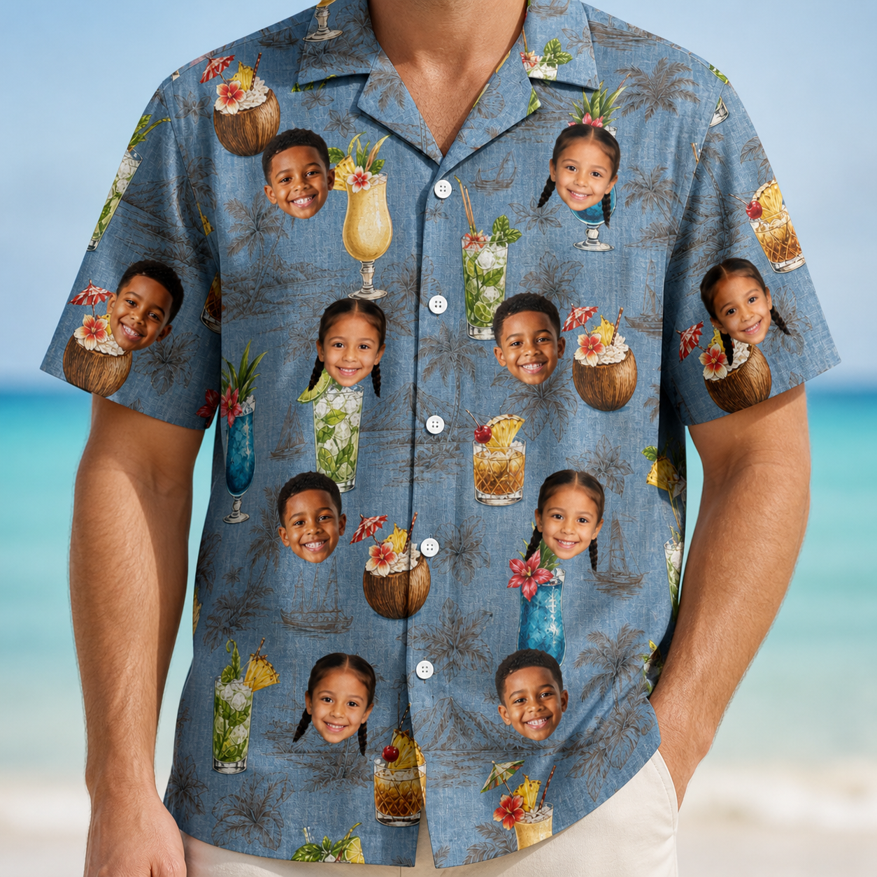Model wearing Men's Agave Affair Custom Face Hawaiian Shirt printed with kids' faces