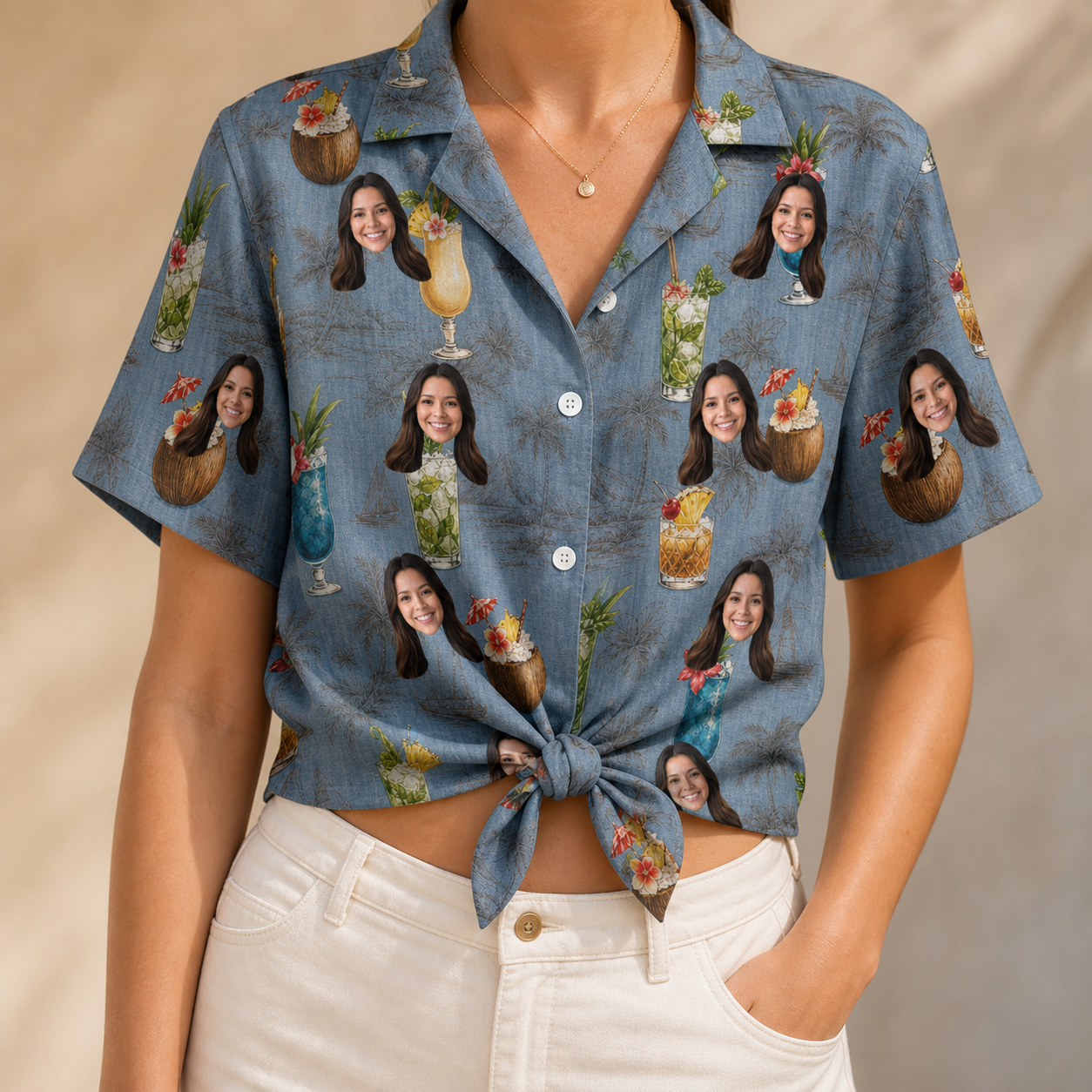 Woman wearing Women's Agave Affair Custom Face Hawaiian Shirt tied at the waist