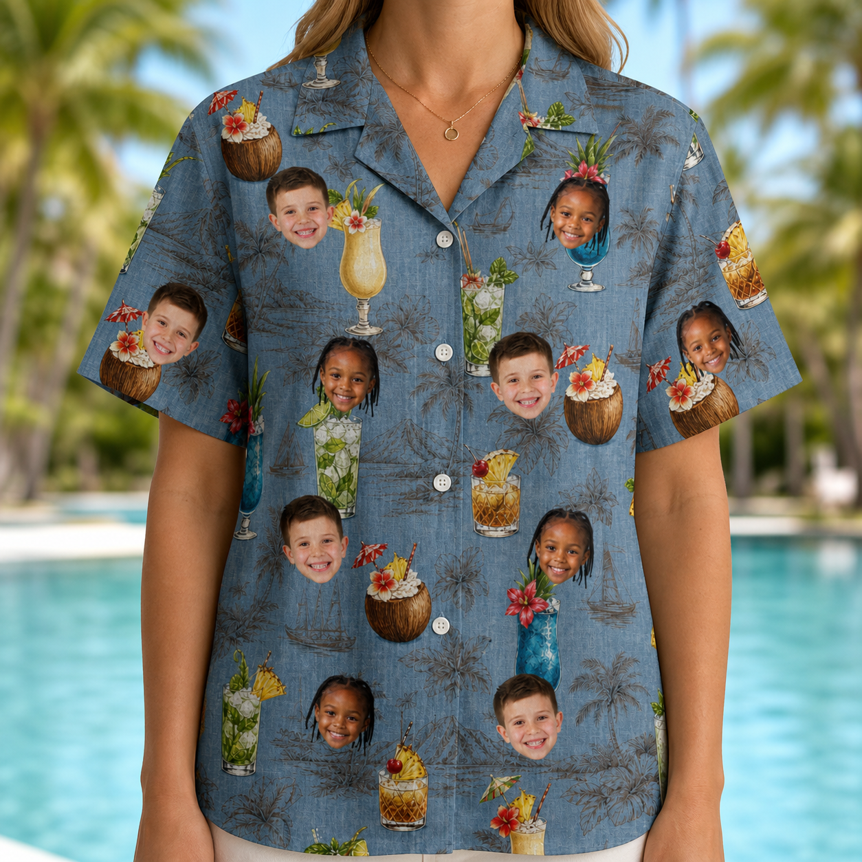 Model wearing Women's Agave Affair Custom Face Hawaiian Shirt printed with kids' faces