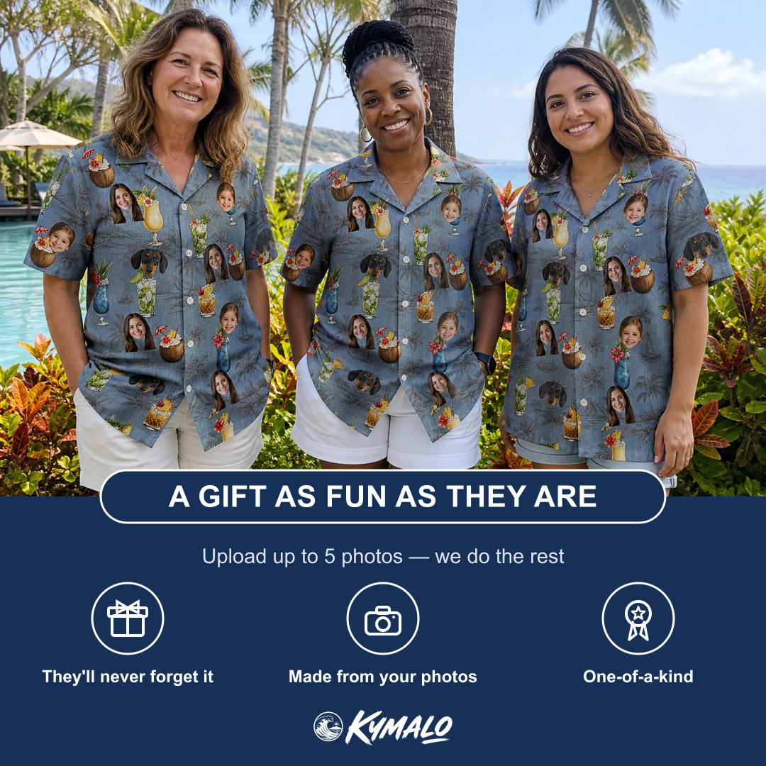 Friends in matching Women's Agave Affair Custom Face Hawaiian Shirt — a group gift photo