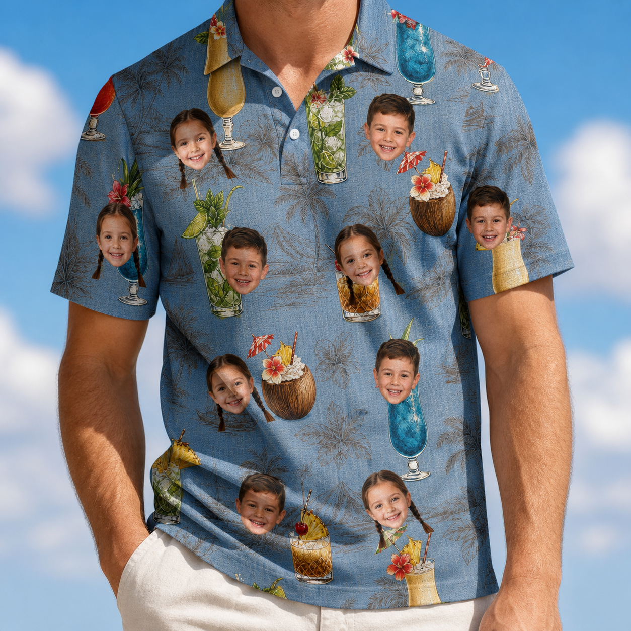 Model wearing Men's Agave Affair Custom Face Polo Shirt printed with kids' faces