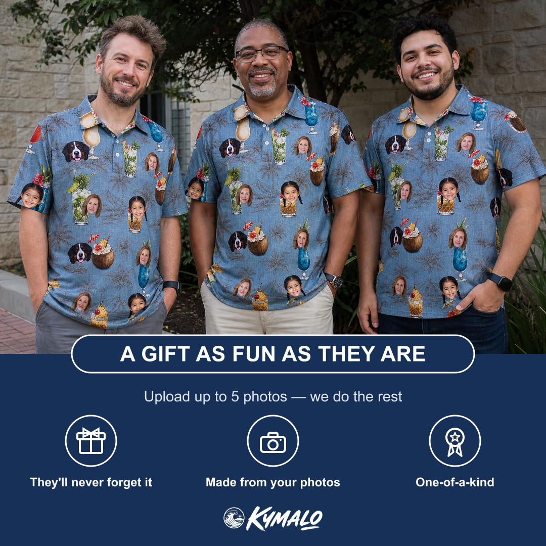 Friends in matching Men's Agave Affair Custom Face Polo Shirt — a group gift photo