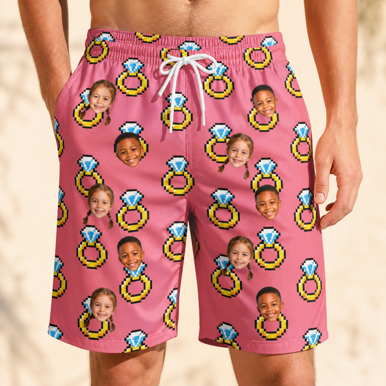 Model wearing Men's Jewel Jitters Custom Face Beach Shorts printed with kids' faces