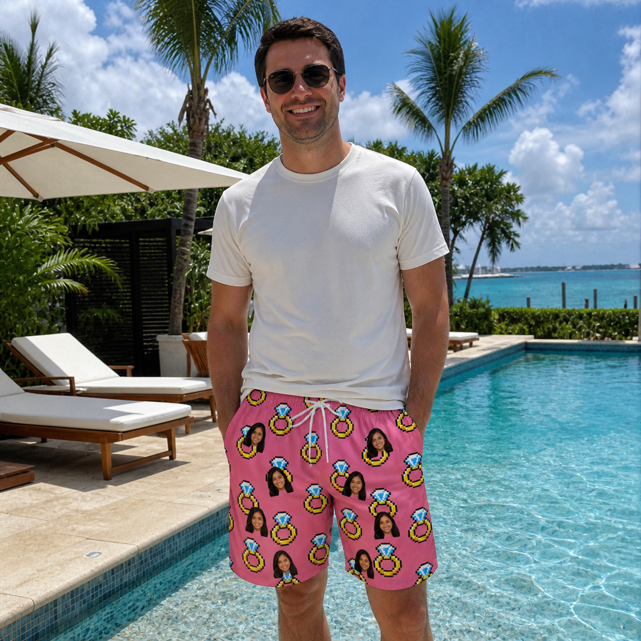 Real-life photo of someone wearing Men's Jewel Jitters Custom Face Beach Shorts — custom faces printed all-over