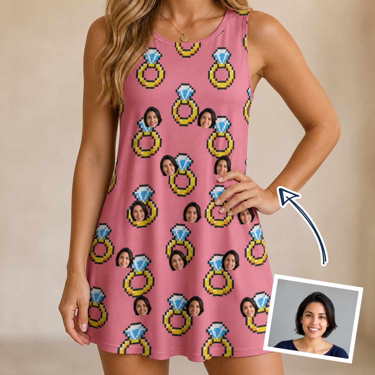Woman wearing Women's Jewel Jitters Custom Face Tank Dress — custom faces printed all-over