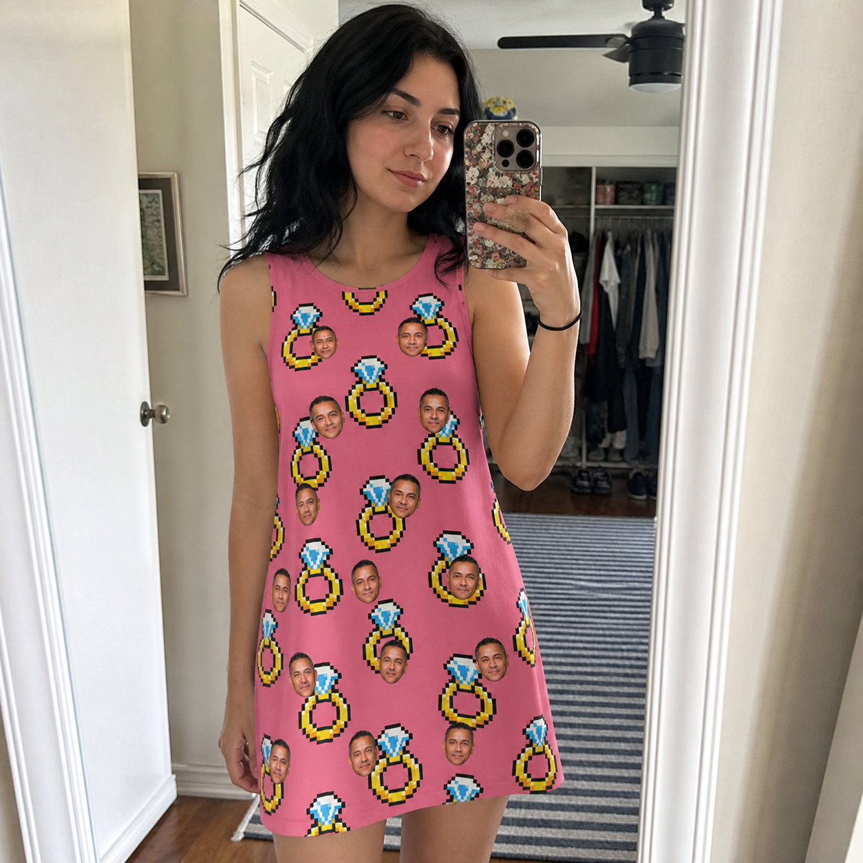 Real-life photo of someone wearing Women's Jewel Jitters Custom Face Tank Dress — custom faces printed all-over
