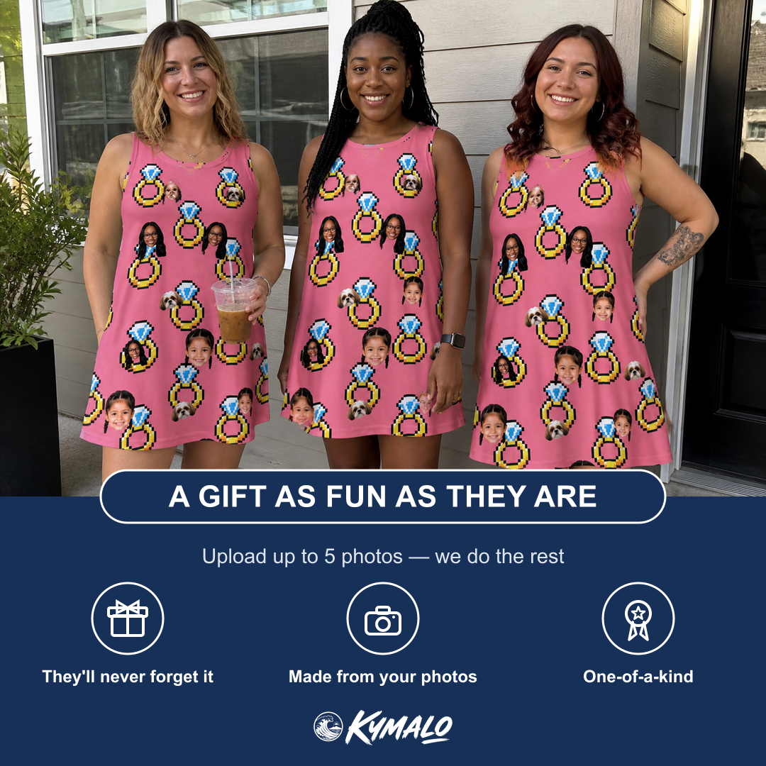 Friends in matching Women's Jewel Jitters Custom Face Tank Dress — a group gift photo