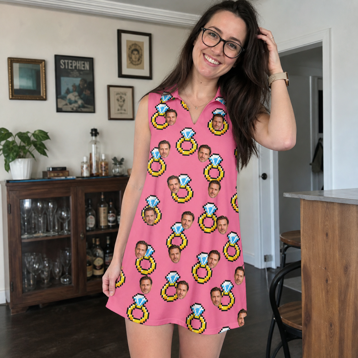 Real-life photo of someone wearing Women's Jewel Jitters Custom Face V-Neck Dress — custom faces printed all-over