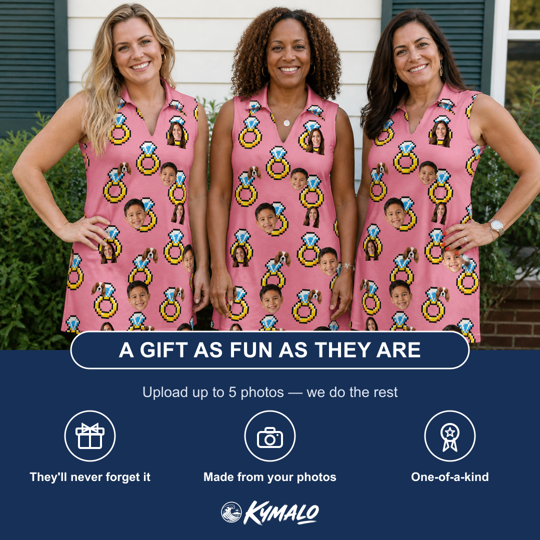 Friends in matching Women's Jewel Jitters Custom Face V-Neck Dress — a group gift photo