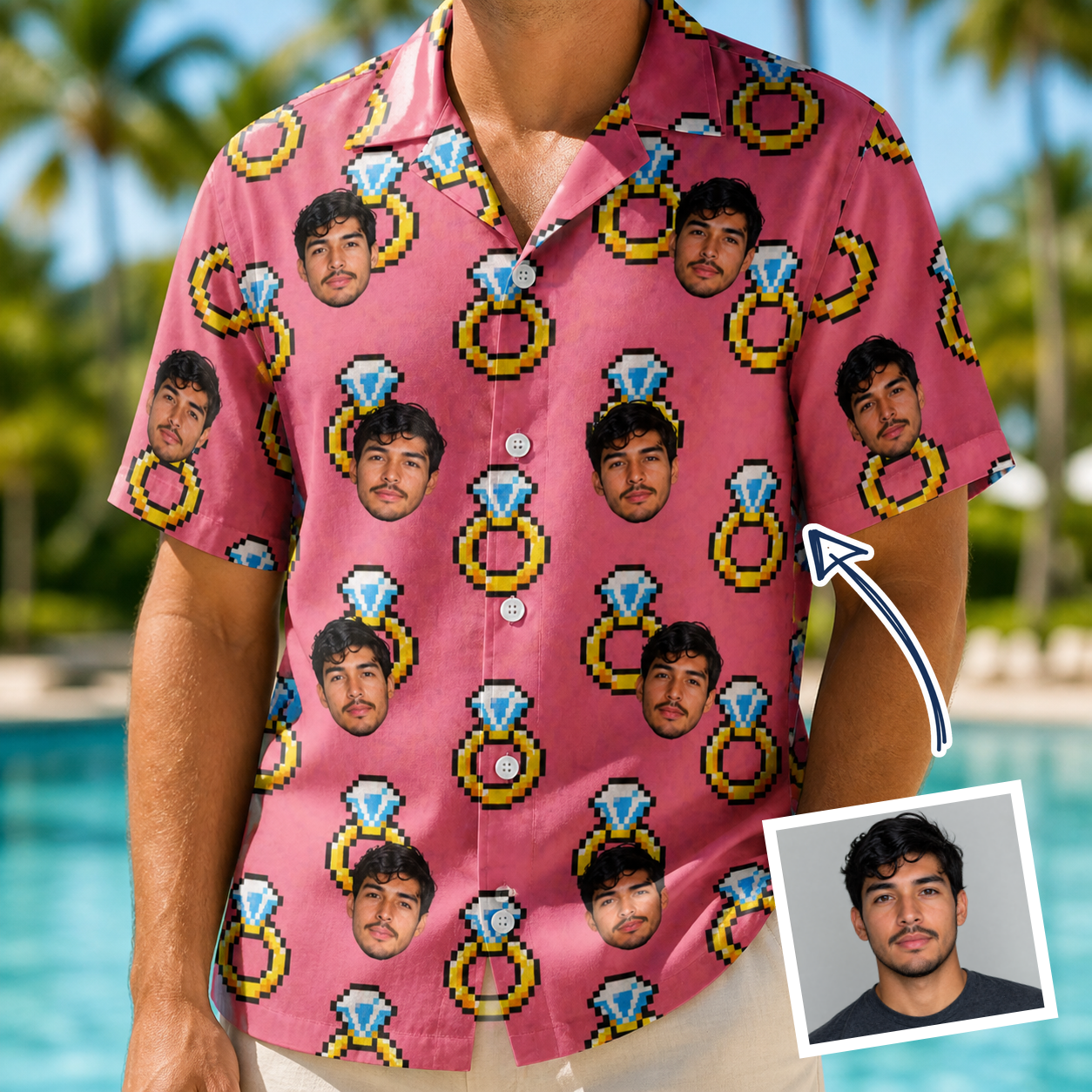 Man wearing Men's Jewel Jitters Custom Face Hawaiian Shirt — custom faces printed all-over