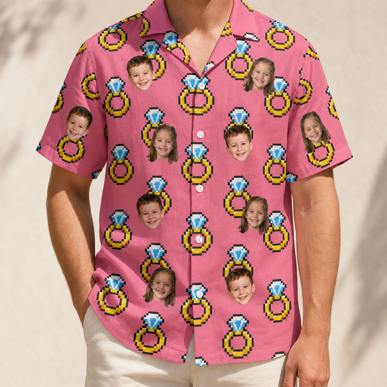 Model wearing Men's Jewel Jitters Custom Face Hawaiian Shirt printed with kids' faces