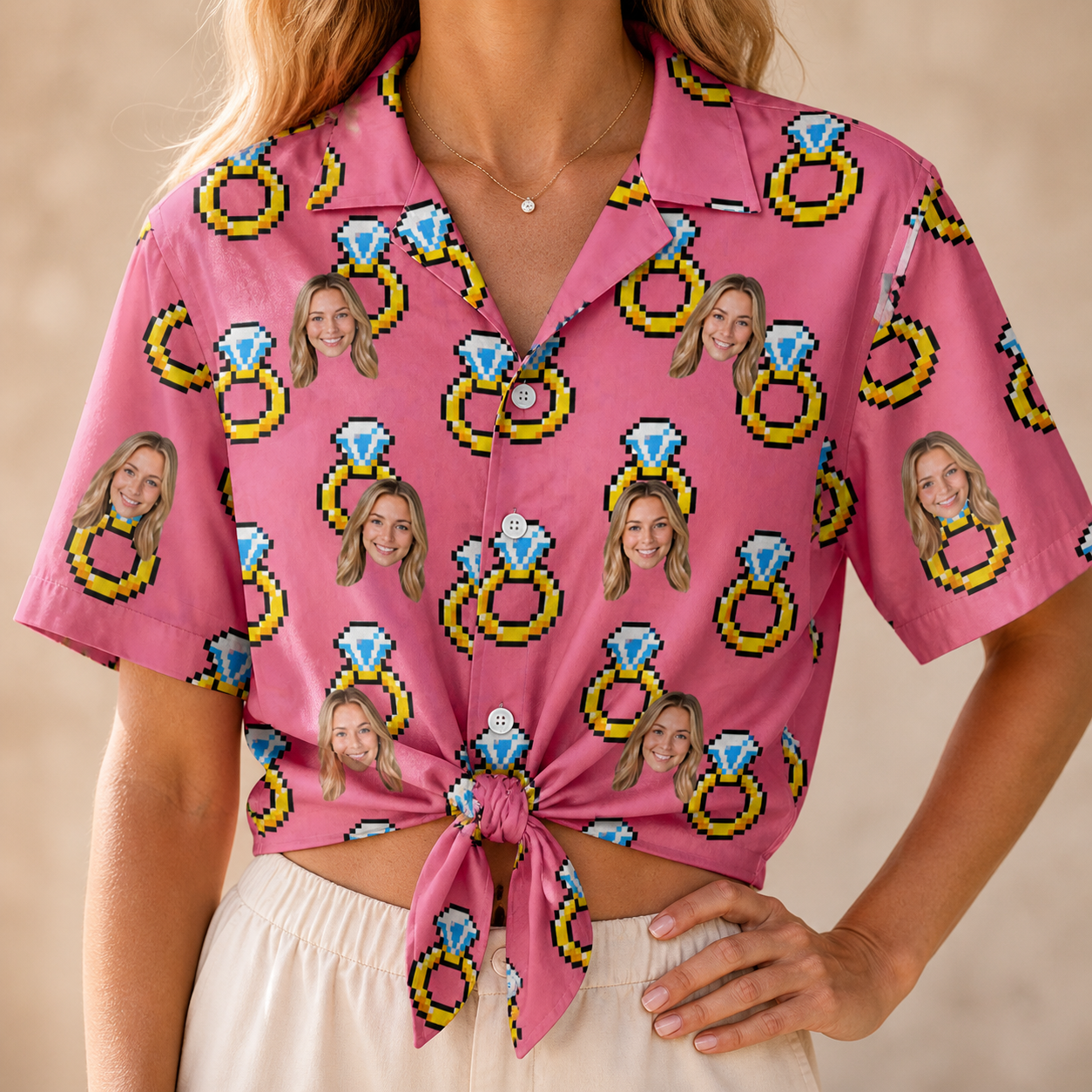 Woman wearing Women's Jewel Jitters Custom Face Hawaiian Shirt tied at the waist