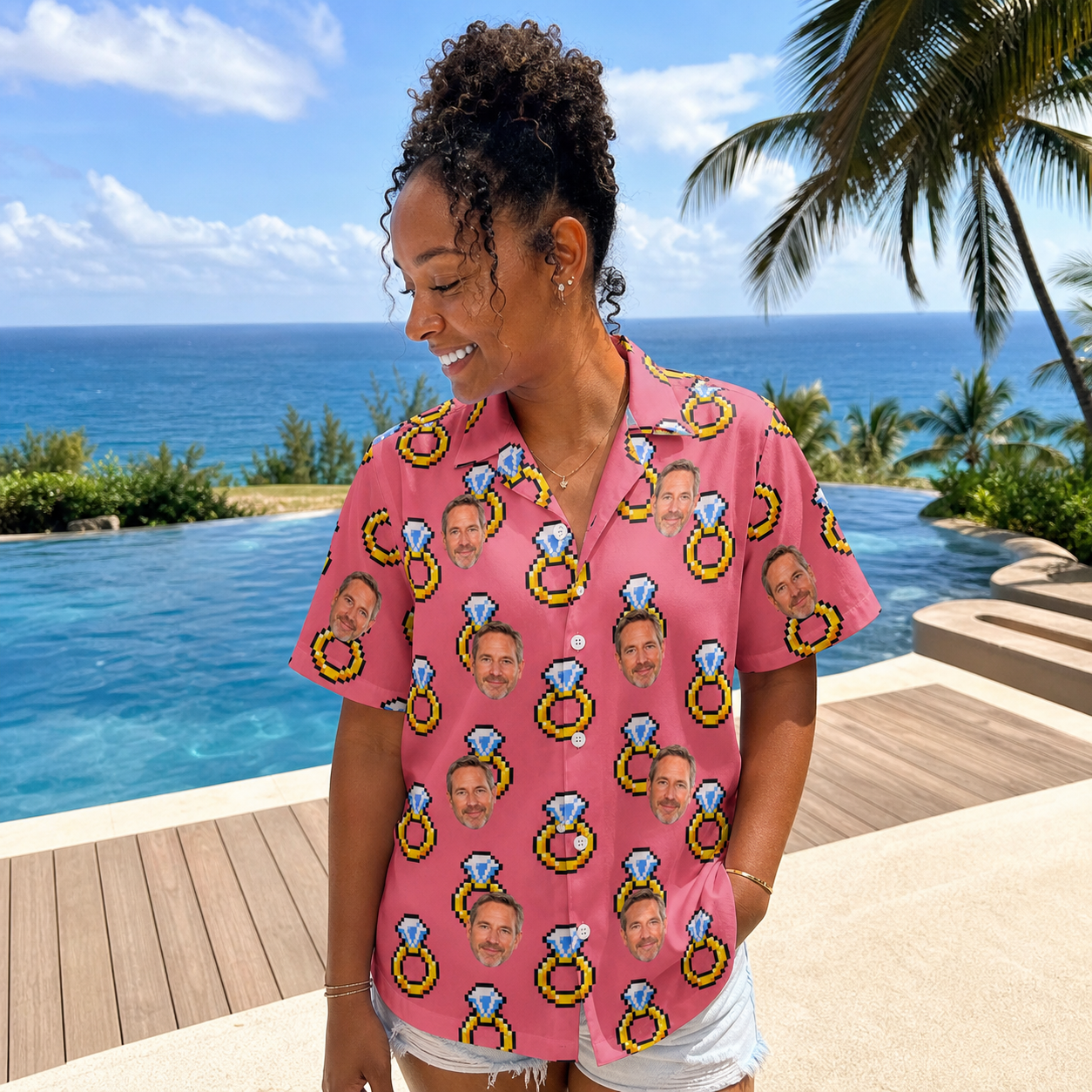 Real-life photo of someone wearing Women's Jewel Jitters Custom Face Hawaiian Shirt — custom faces printed all-over