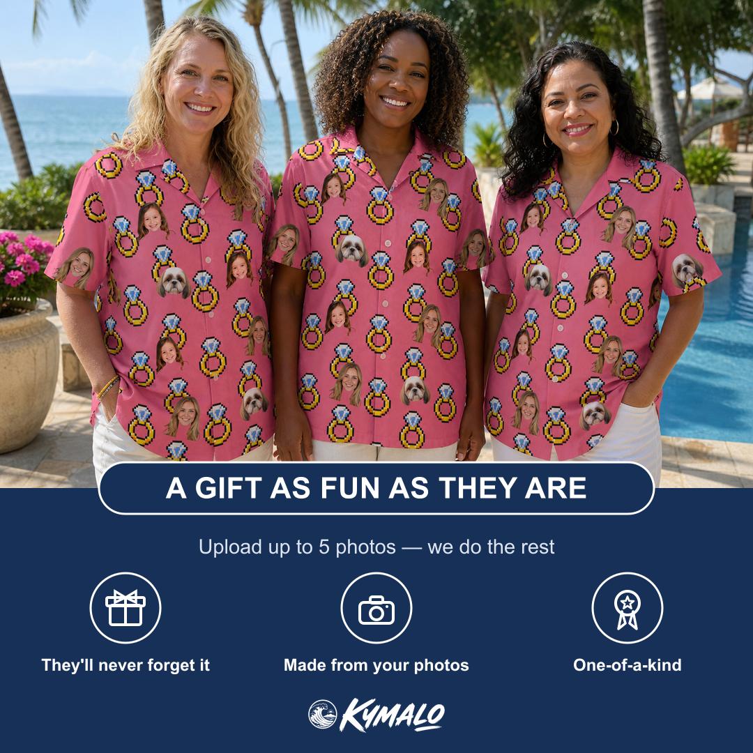 Friends in matching Women's Jewel Jitters Custom Face Hawaiian Shirt — a group gift photo