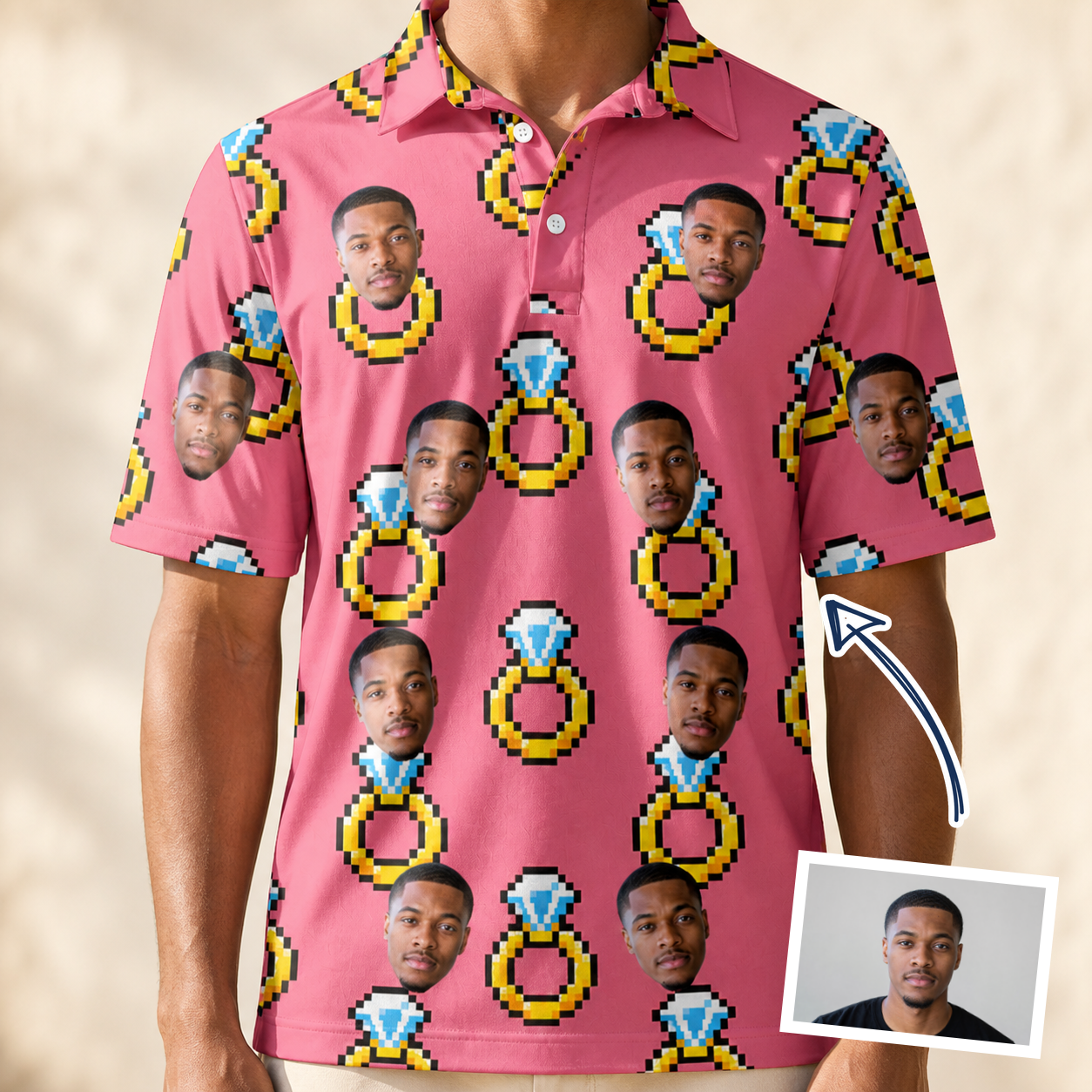 Man wearing Men's Jewel Jitters Custom Face Polo Shirt — custom faces printed all-over