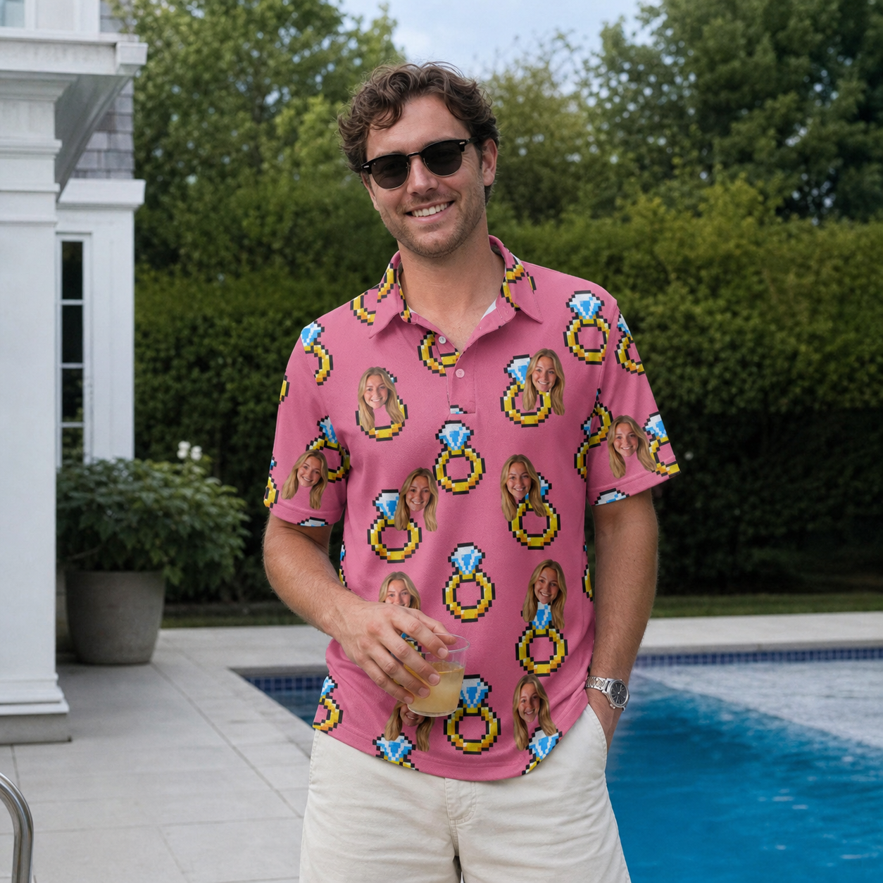 Real-life photo of someone wearing Men's Jewel Jitters Custom Face Polo Shirt — custom faces printed all-over