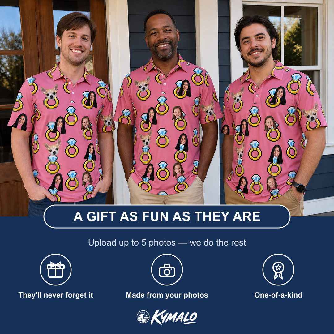 Friends in matching Men's Jewel Jitters Custom Face Polo Shirt — a group gift photo