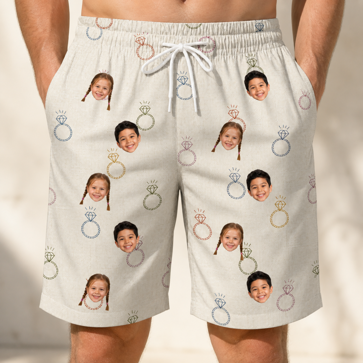Model wearing Men's Brilliant Bachelorette Custom Face Beach Shorts printed with kids' faces
