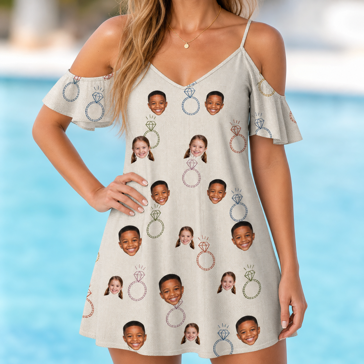 Model wearing Women's Brilliant Bachelorette Custom Face Off-Shoulder Dress printed with kids' faces