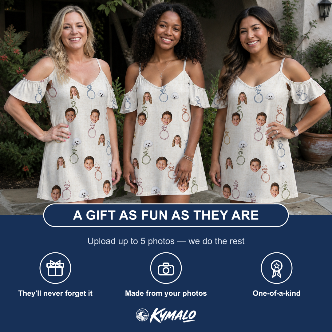 Friends in matching Women's Brilliant Bachelorette Custom Face Off-Shoulder Dress — a group gift photo