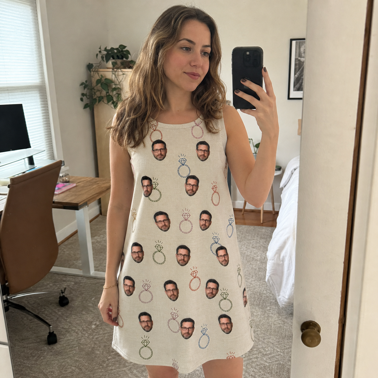 Real-life photo of someone wearing Women's Brilliant Bachelorette Custom Face Tank Dress — custom faces printed all-over