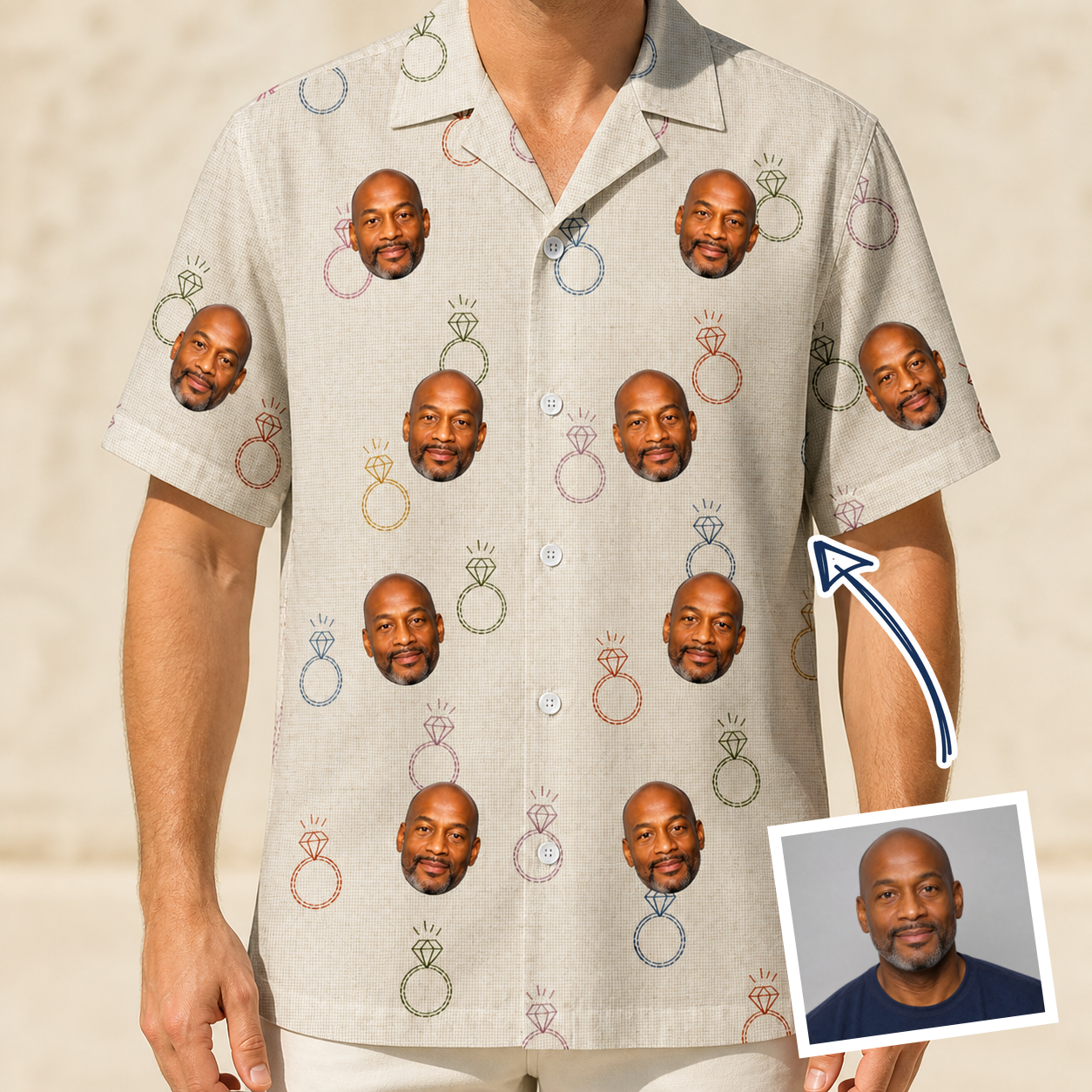 Man wearing Men's Brilliant Bachelorette Custom Face Hawaiian Shirt — custom faces printed all-over
