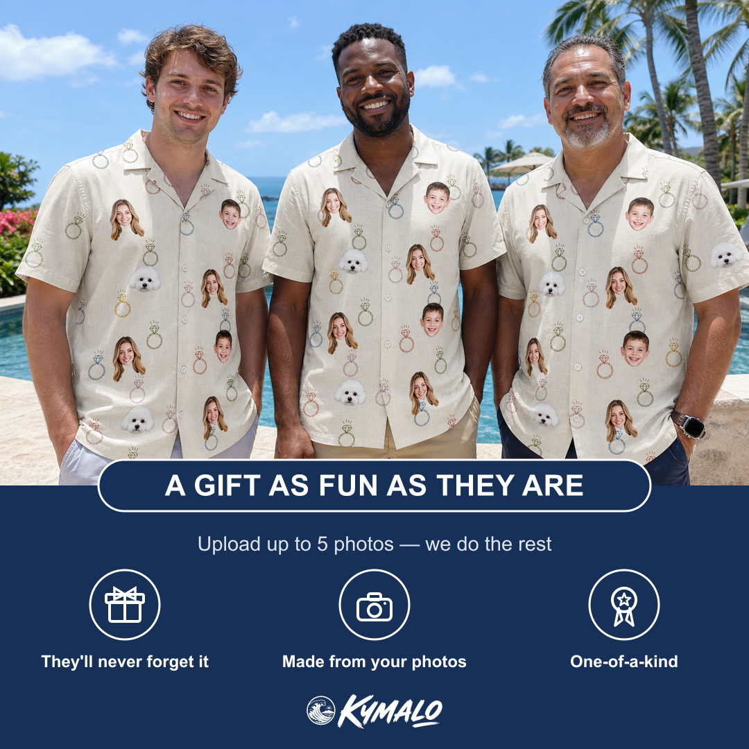 Friends in matching Men's Brilliant Bachelorette Custom Face Hawaiian Shirt — a group gift photo