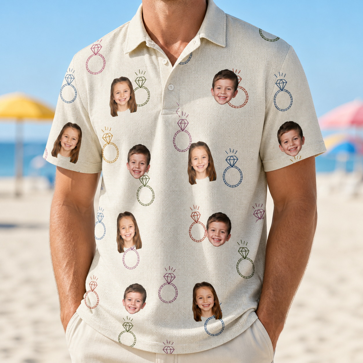 Model wearing Men's Brilliant Bachelorette Custom Face Polo Shirt printed with kids' faces