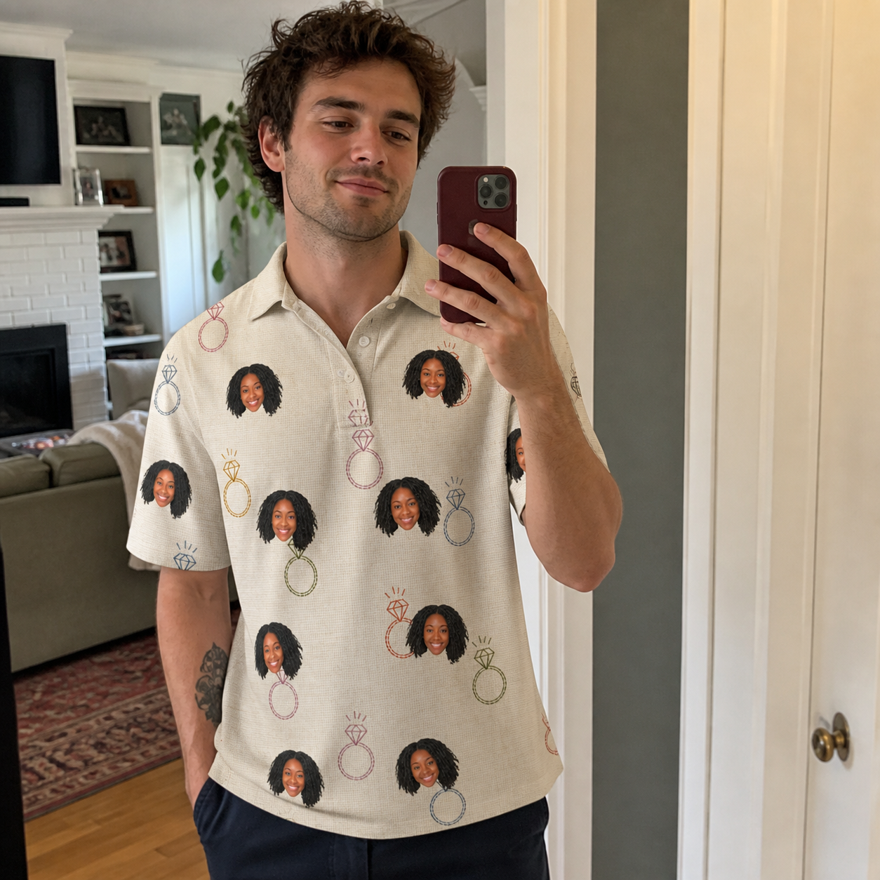 Real-life photo of someone wearing Men's Brilliant Bachelorette Custom Face Polo Shirt — custom faces printed all-over