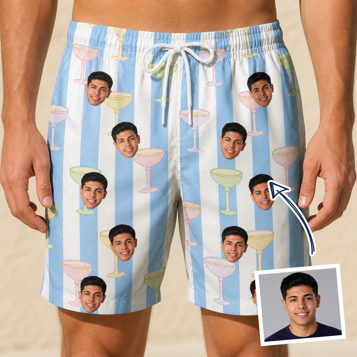 Man wearing Men's Clink Wink Custom Face Beach Shorts — custom faces printed all-over