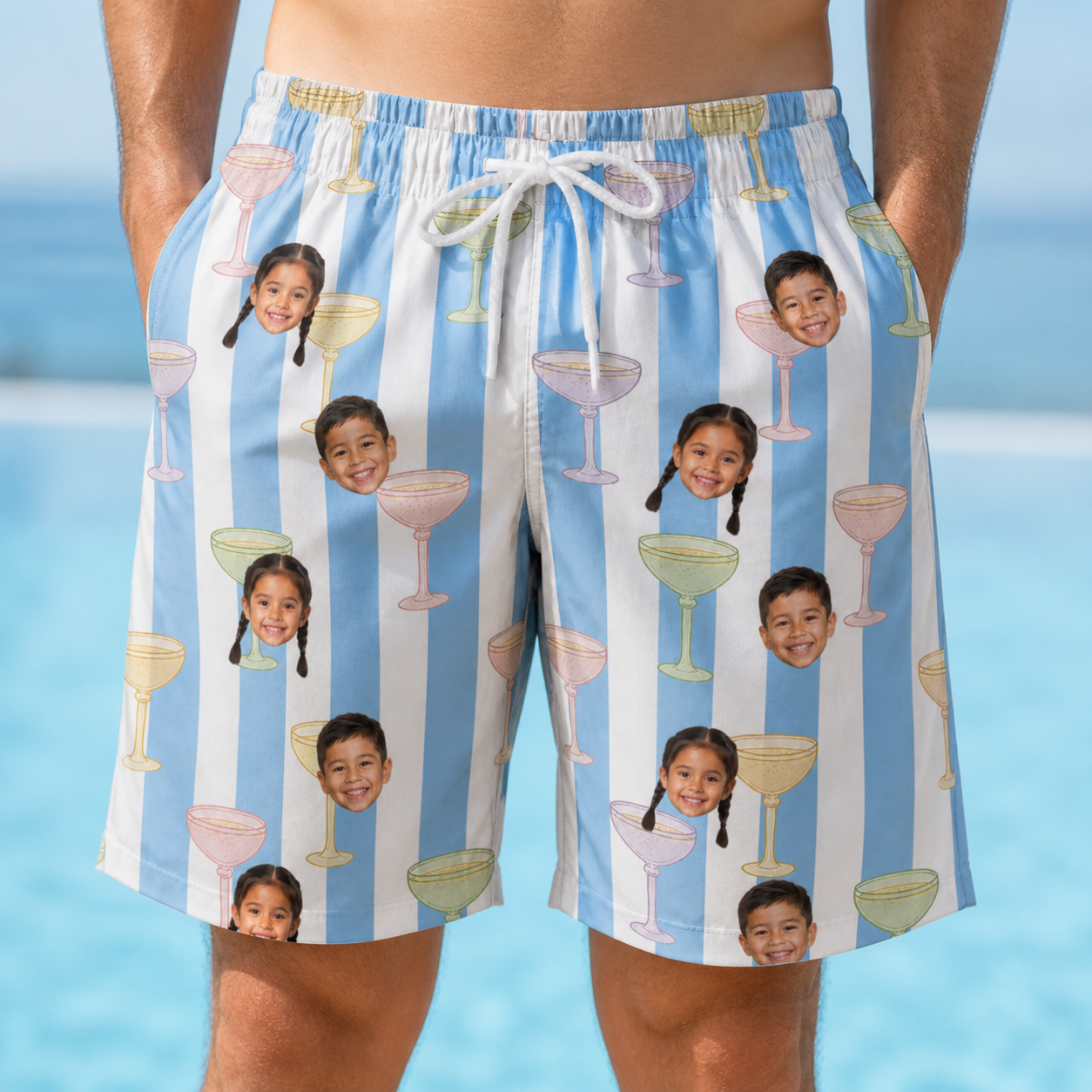 Model wearing Men's Clink Wink Custom Face Beach Shorts printed with kids' faces