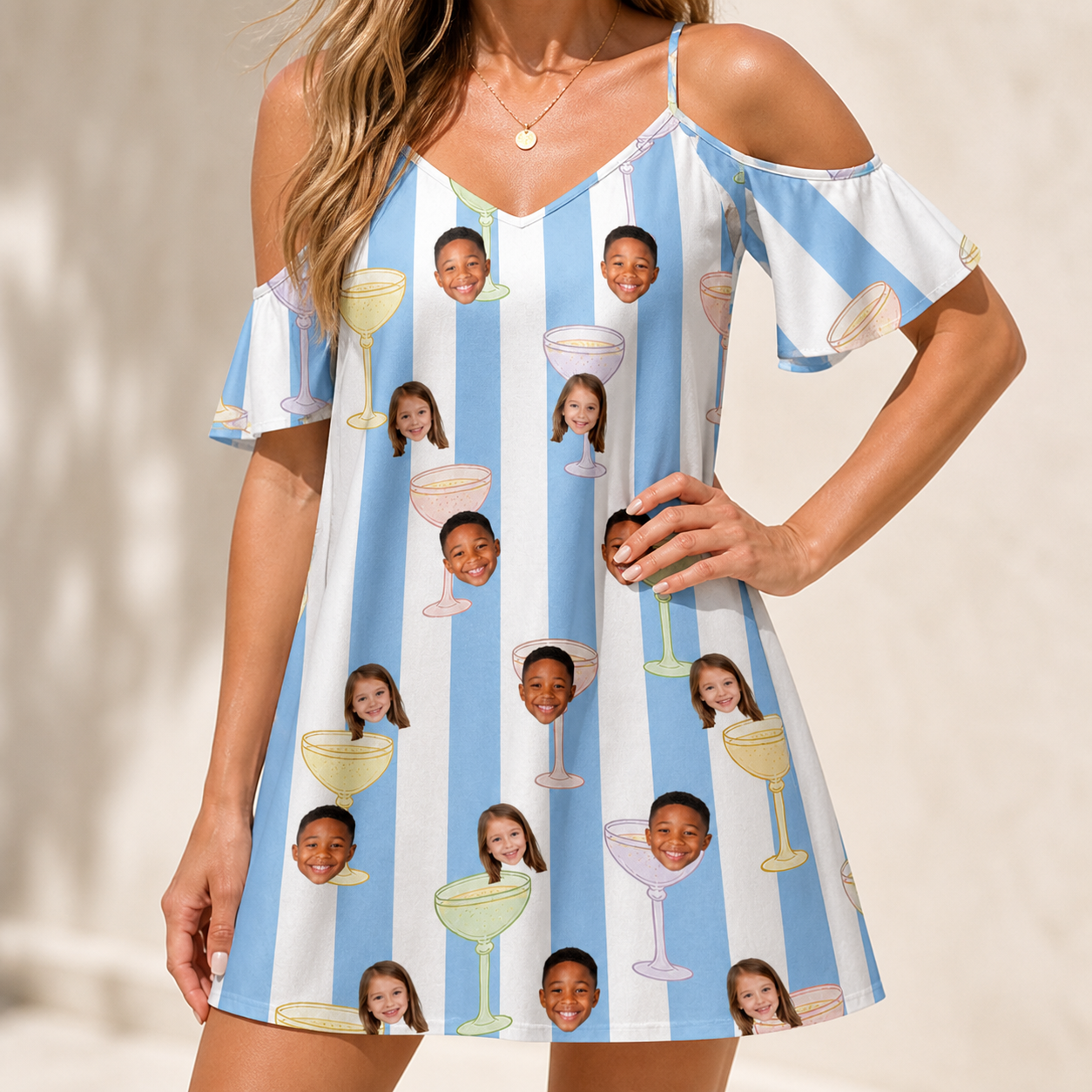 Model wearing Women's Clink Wink Custom Face Off-Shoulder Dress printed with kids' faces