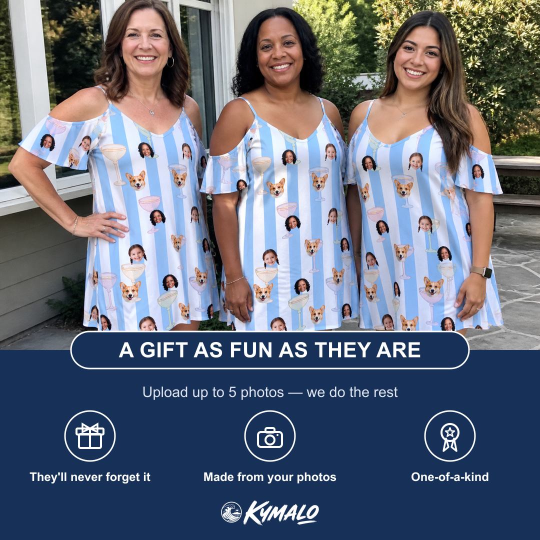 Friends in matching Women's Clink Wink Custom Face Off-Shoulder Dress — a group gift photo