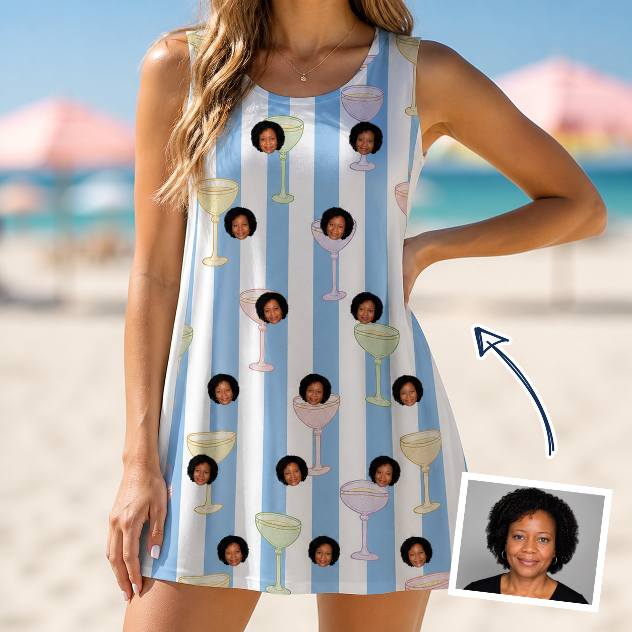 Woman wearing Women's Clink Wink Custom Face Tank Dress — custom faces printed all-over