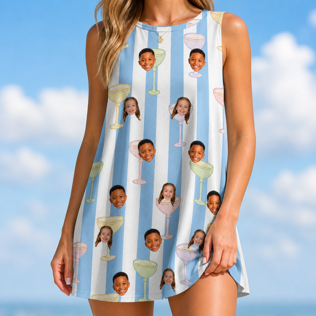 Model wearing Women's Clink Wink Custom Face Tank Dress printed with kids' faces