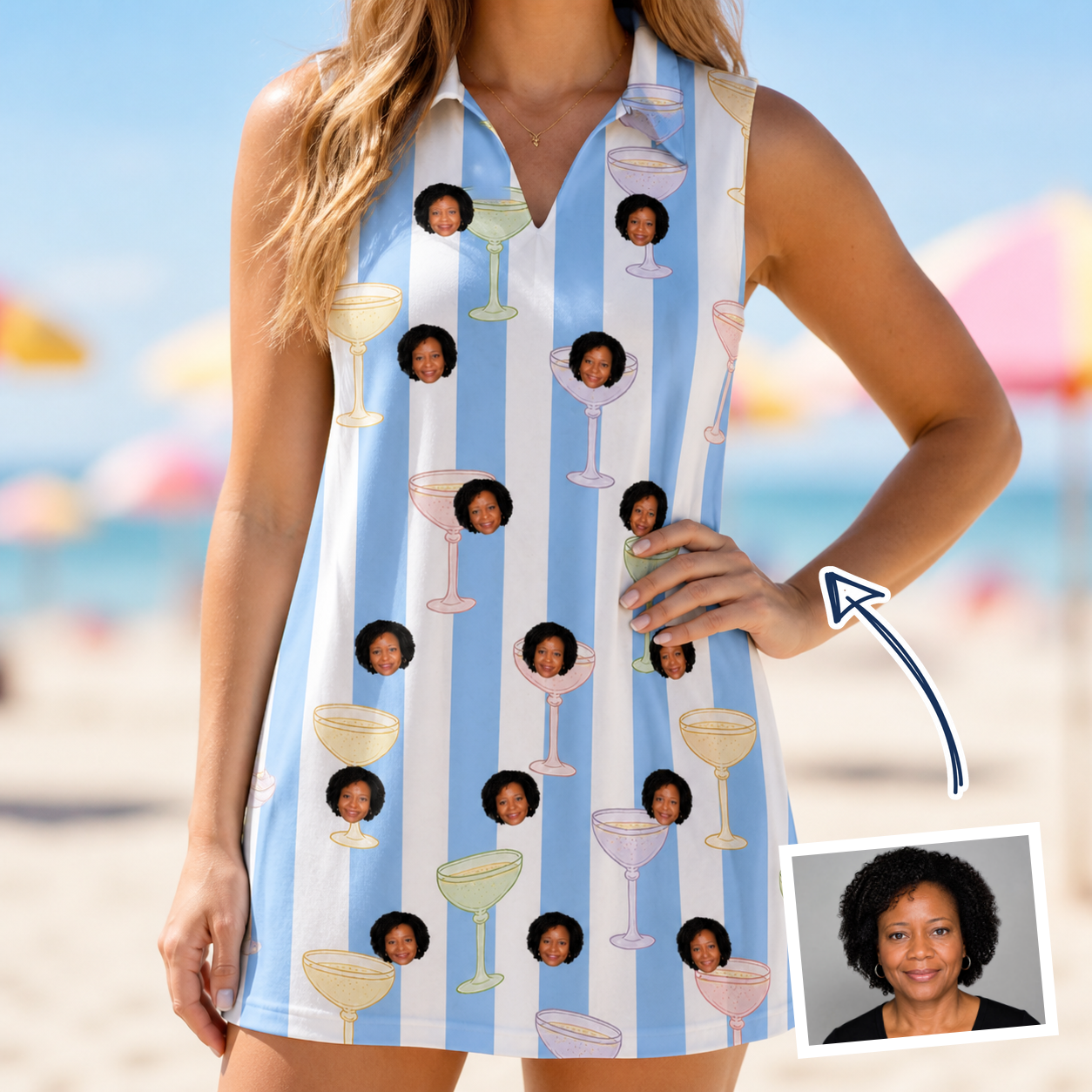 Woman wearing Women's Clink Wink Custom Face V-Neck Dress — custom faces printed all-over