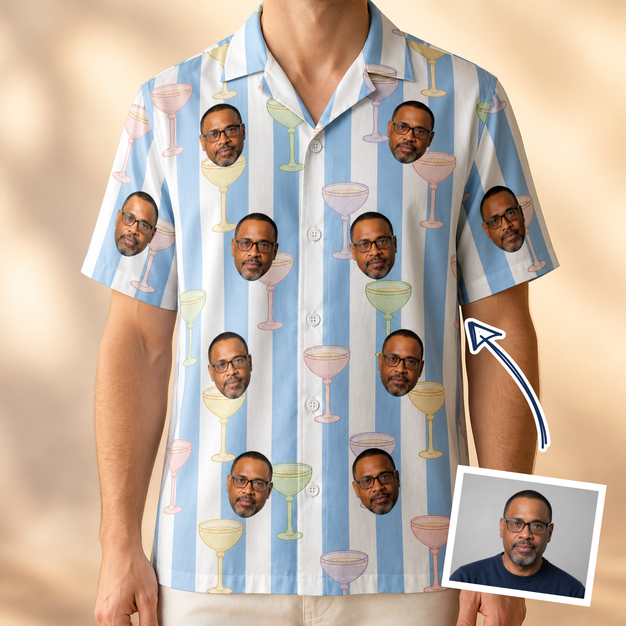 Man wearing Men's Clink Wink Custom Face Hawaiian Shirt — custom faces printed all-over