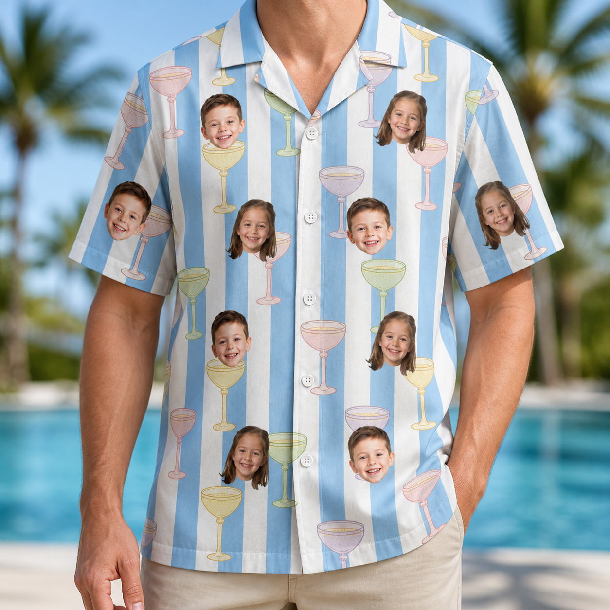 Model wearing Men's Clink Wink Custom Face Hawaiian Shirt printed with kids' faces