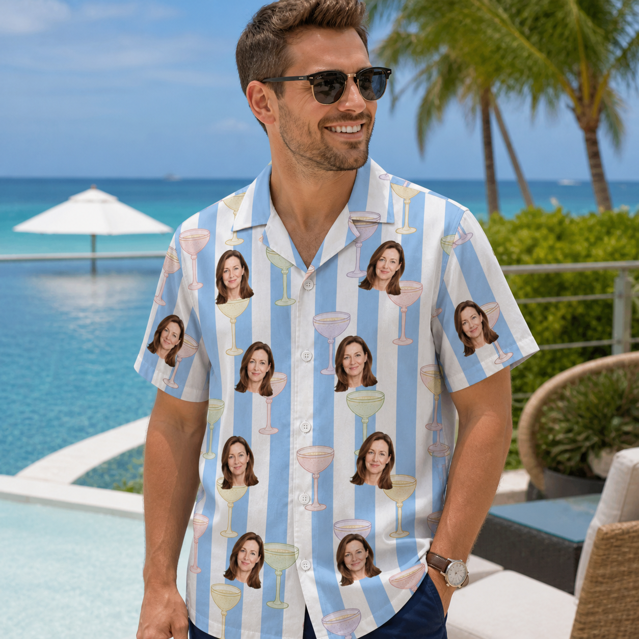 Real-life photo of someone wearing Men's Clink Wink Custom Face Hawaiian Shirt — custom faces printed all-over