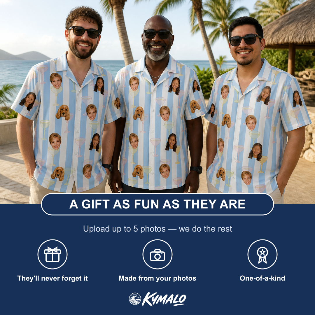Friends in matching Men's Clink Wink Custom Face Hawaiian Shirt — a group gift photo