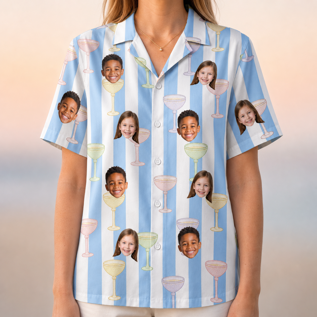 Model wearing Women's Clink Wink Custom Face Hawaiian Shirt printed with kids' faces