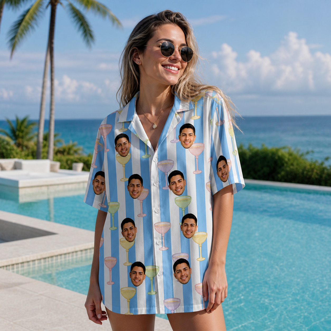 Real-life photo of someone wearing Women's Clink Wink Custom Face Hawaiian Shirt — custom faces printed all-over