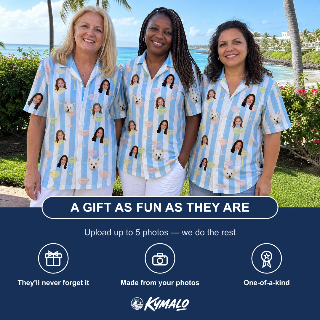 Friends in matching Women's Clink Wink Custom Face Hawaiian Shirt — a group gift photo