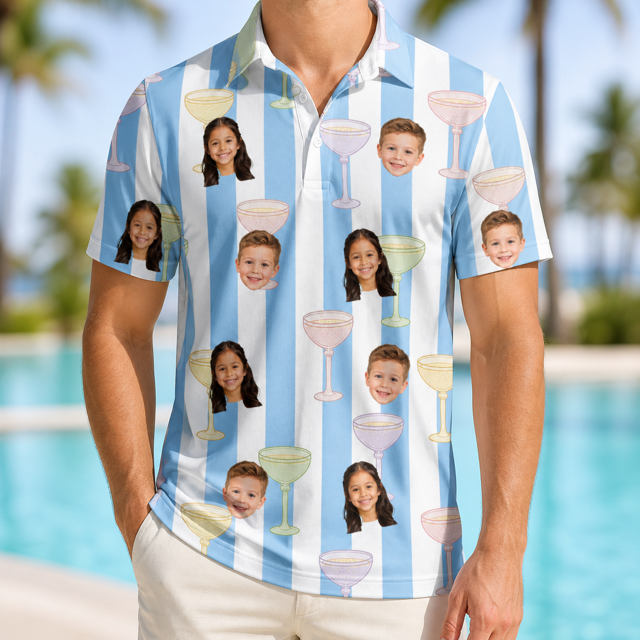 Model wearing Men's Clink Wink Custom Face Polo Shirt printed with kids' faces