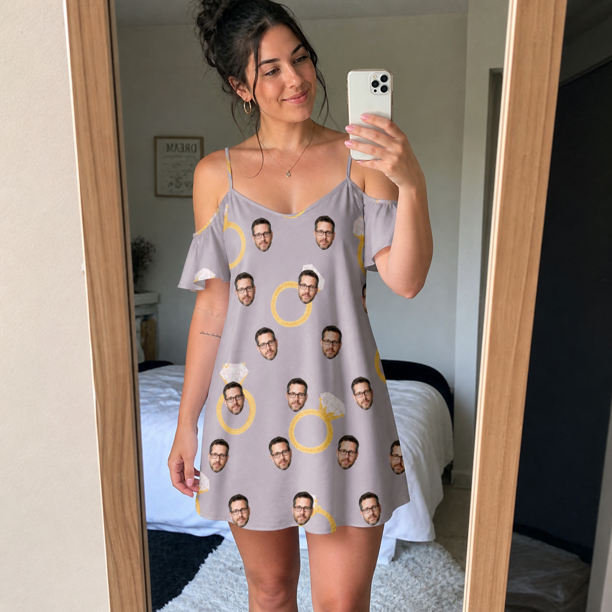 Real-life photo of someone wearing Women's Diamond Dares Custom Face Off-Shoulder Dress — custom faces printed all-over