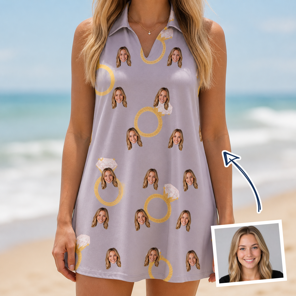 Woman wearing Women's Diamond Dares Custom Face V-Neck Dress — custom faces printed all-over
