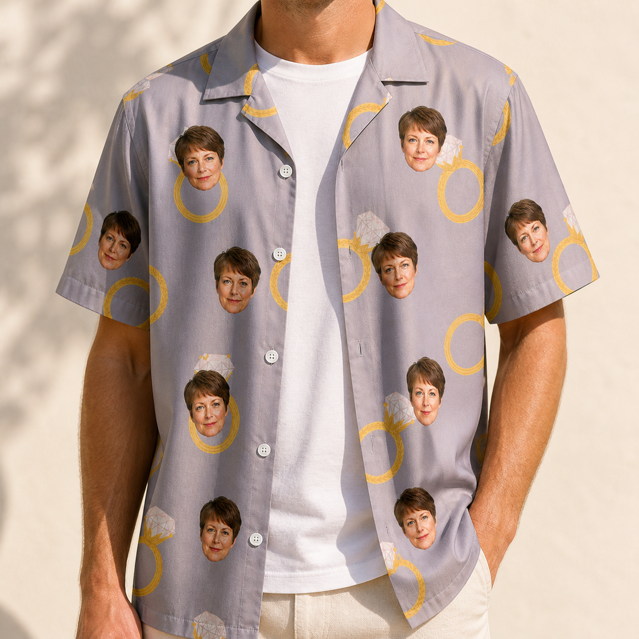 Man wearing Men's Diamond Dares Custom Face Hawaiian Shirt open over a white tee
